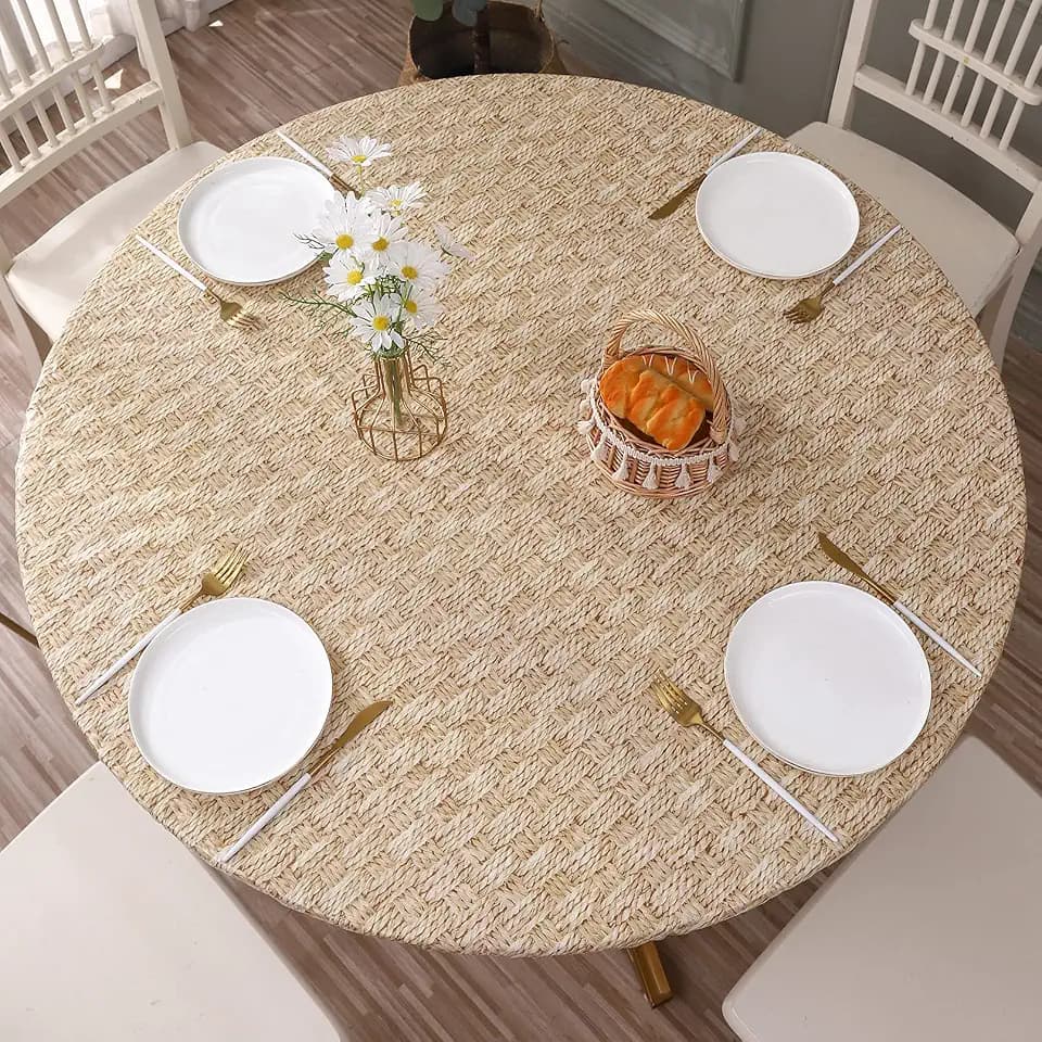 Round Vinyl Fitted Tablecloth with Flannel Backing Elastic Edge Design Table Cover Waterproof Oil-Proof PVC Table Cloth Stain-Resistant Wipeable for 37"-44" Round Table