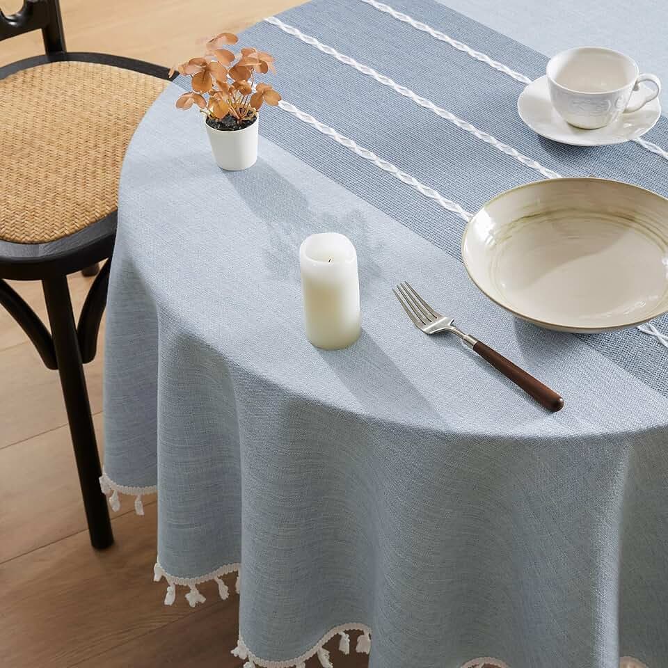 ZeeMart Contrast Linen Round Table Cloth 52 Inch Blue