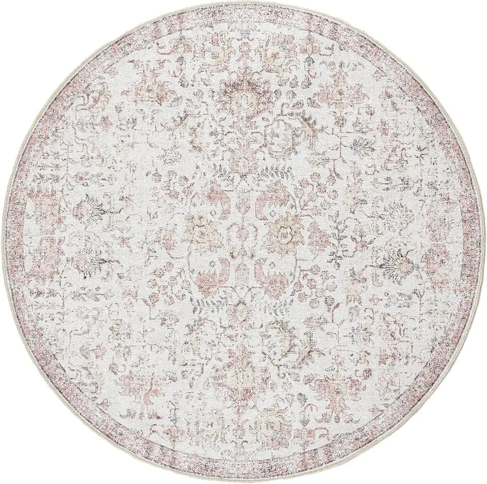 jinchan 5ft Vintage Floral Round Rug, Circle Washable Rug, Red