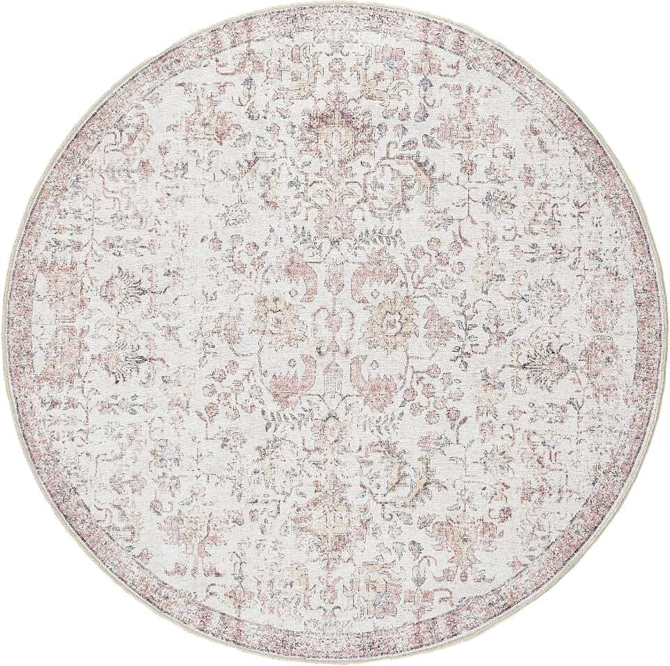 jinchan 6ft Vintage Floral Round Rug, Circle Washable Rug, Red