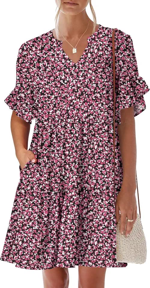 ANRABESS Women's Summer Casual Dress, V-Neck Ruffle Sleeve Tiered Mini Dress, Soft Comfy Fabric with Pockets for All-Day Wear