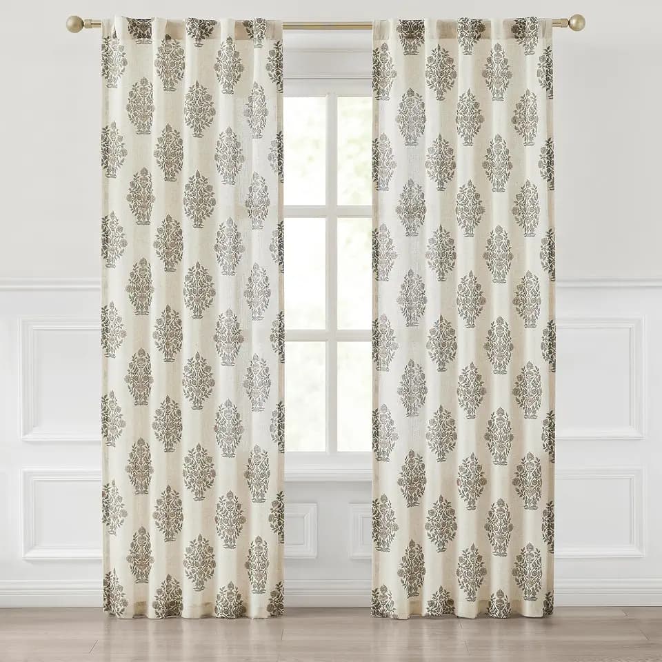 Lush Decor Sofia Flower Block Bouquet Linen Textured Window Curtain Panels Pair 37" W x 84" L Clay & Teal - Floral Curtains - Block Print - Boho Decor