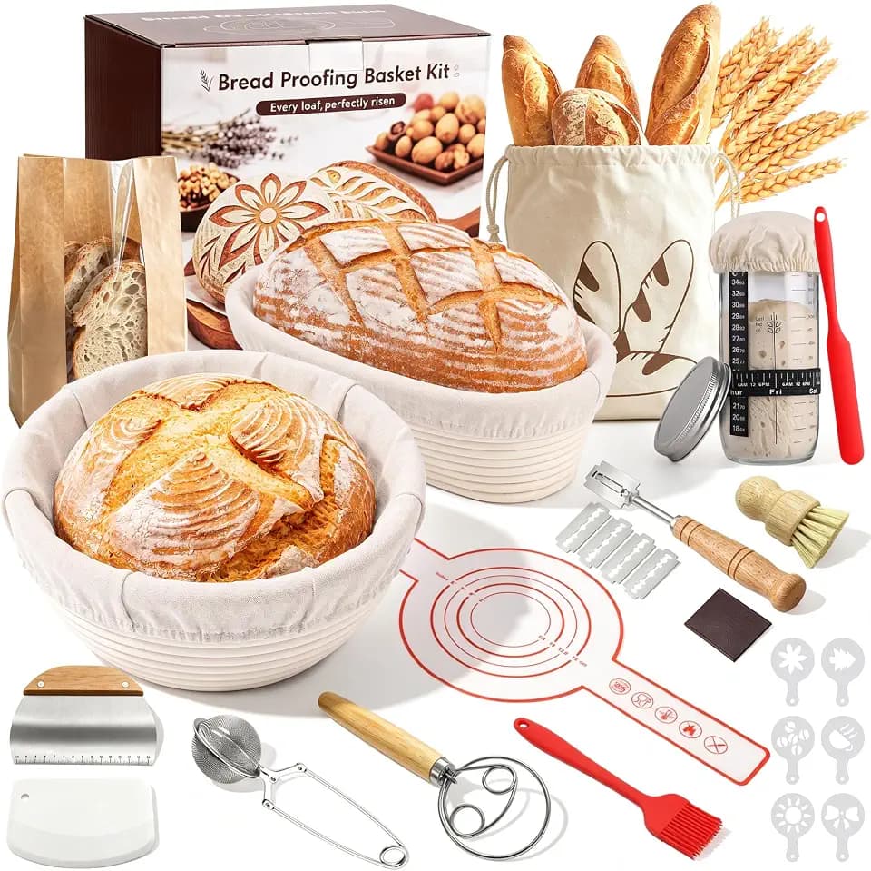 Banneton Bread Proofing Basket, Sourdough Bread Baking Supplies, Complete Sourdough Starter Kit with Jar for Bread Baking