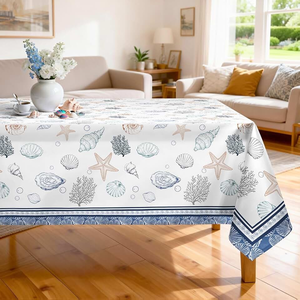 Seashell Tablecloth 60 x 84 Inch Rectangular, Coastal Style