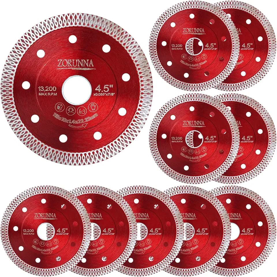ZORUNNA 10Pcs 4.5" Diamond Saw Blades, Tile Cutting Blade for Angle Grinder