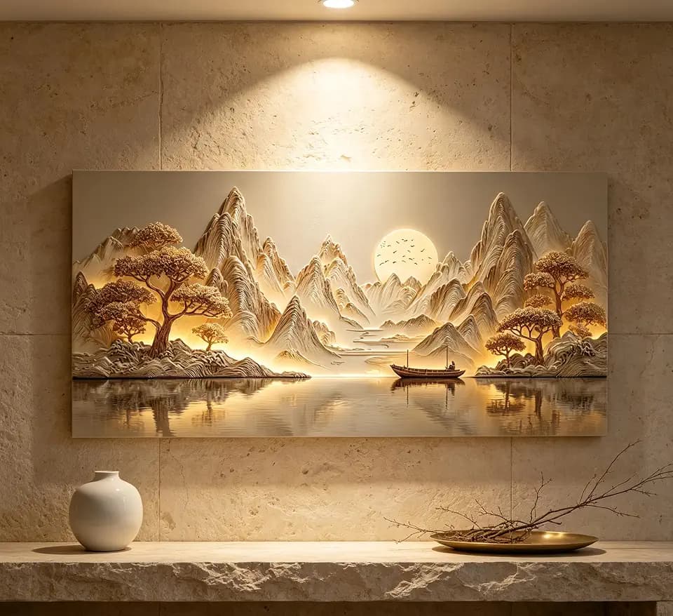 3D Texture Large Landscape Sunrises Sunset Canvas Wall Art Abstract Mountains Lake Tree Painting Picture Wall Decor Modern Nature Scenery Poster Print Artwork for Living Room Office Home Decoration