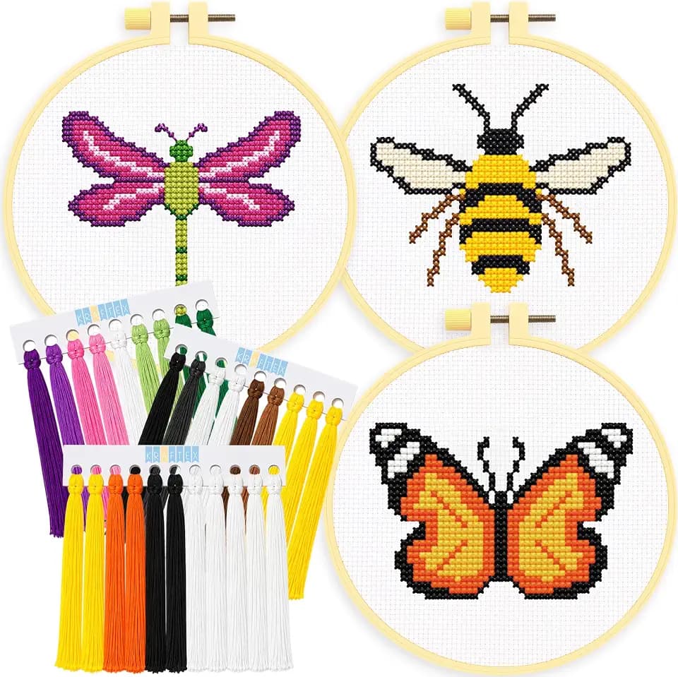 Stamped Cross Stitch Kits for Beginners Adults, Butterfly Bee Dragonfly