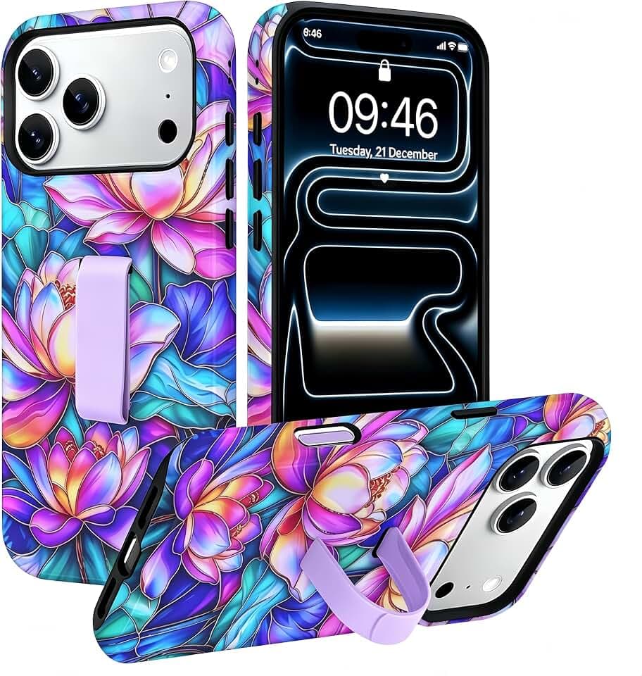 Compatible with iPhone 17 Pro Cute Floral Patterns,MagSafe Compatible Finger Stand Kickstand Dual Layer Slim Shockproof Protective Phone Case for Women Girls,Vibrant Defined Flower