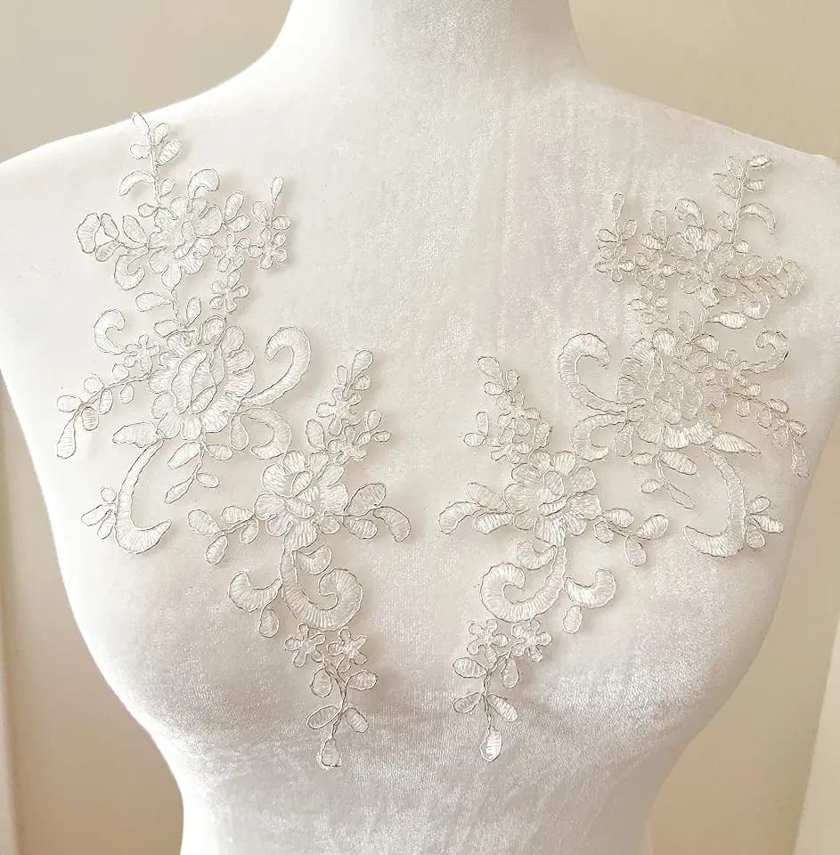 PEPPERLONELY 1 Pair Fine Lace Fabric Patches Embroidered Trim Applique Decor Dress Decoration, Ivory with Silver, 10 X 6 Inch