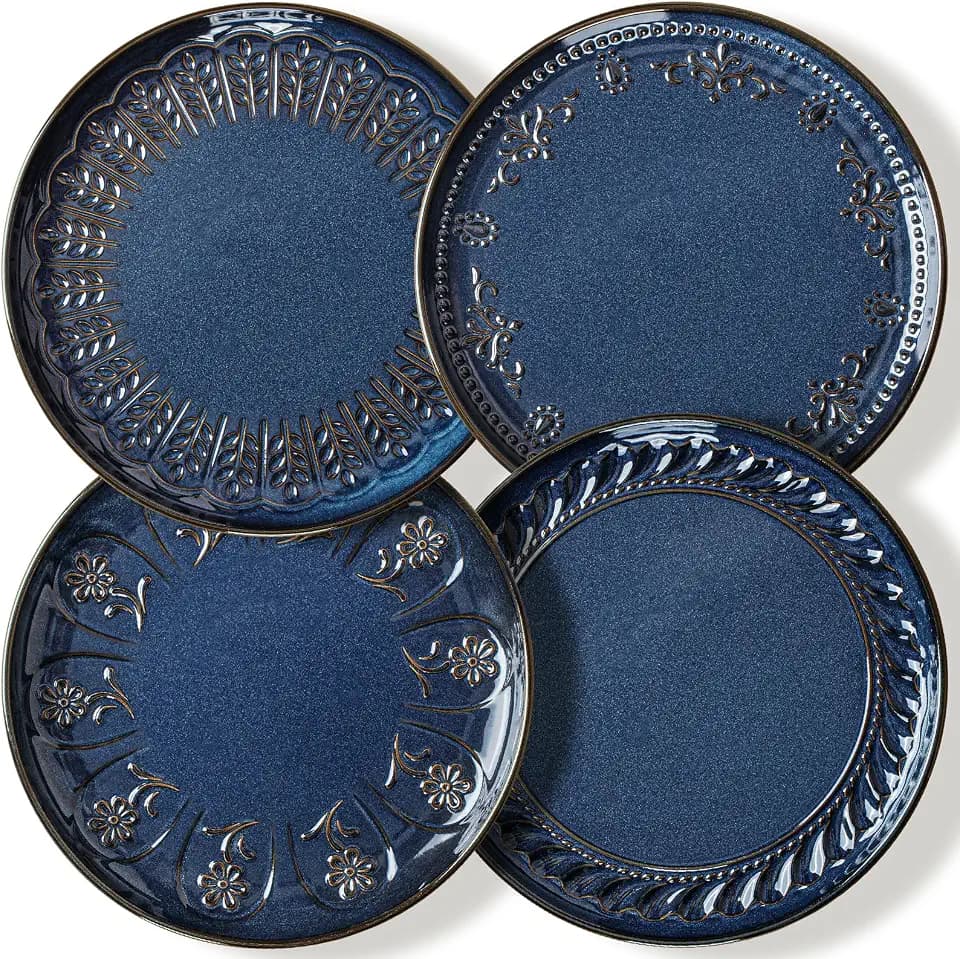 Artena Ceramic Dinner Plates Set of 4, 10.75 Inch Embossed Farmhouse Plates, High Lipped Edge, Chip Resistant, Microwave Oven & Dishwasher Safe, Service for 4 (Blue, Multiple Patterns)