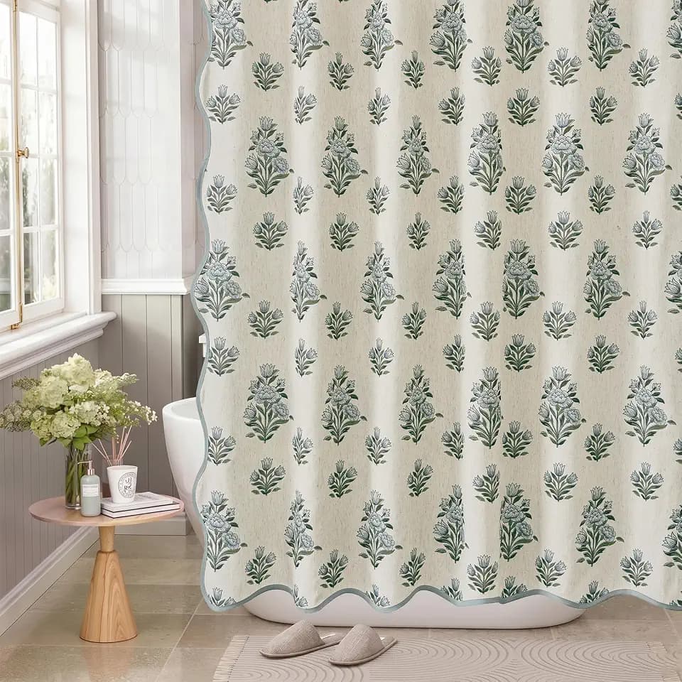 PROCIDA Scalloped Shower Curtain, Linen Blend, 72x78 & 12 Metal Hooks