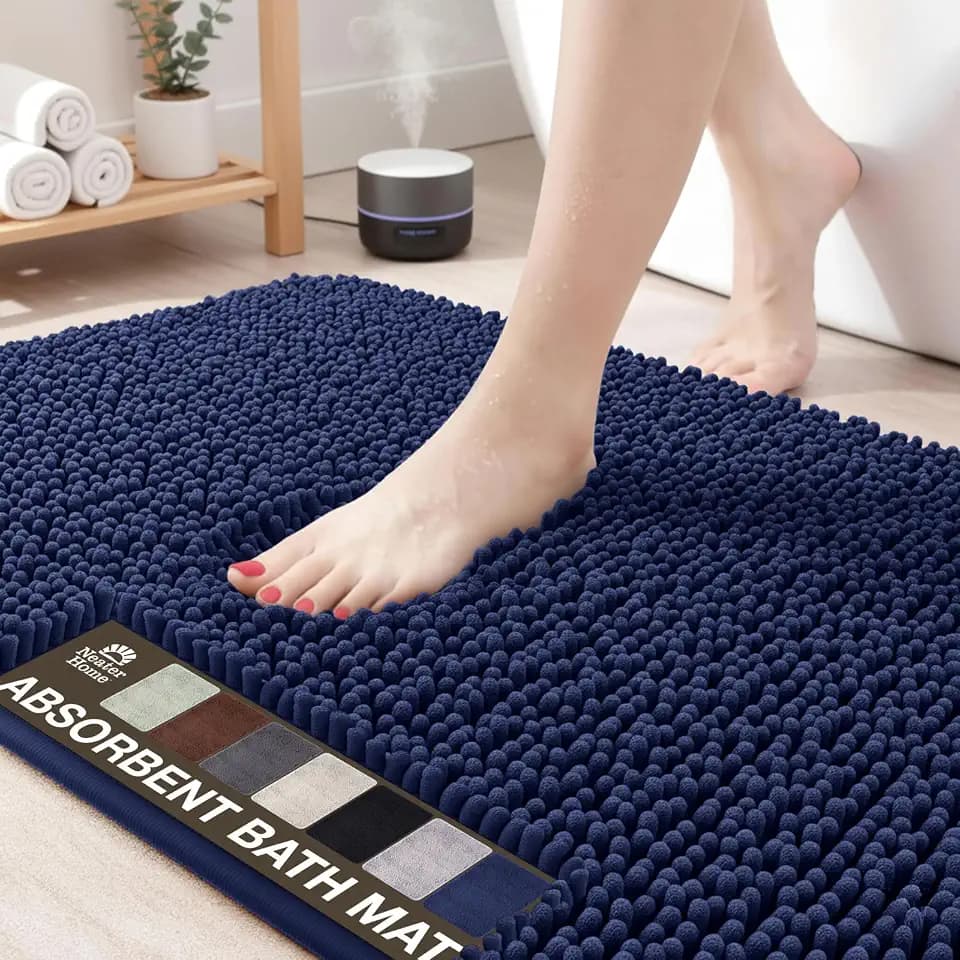 Neater Home Plush Bathroom Rugs 30x20 Thick Chenille Quick Dry Microfiber Absorbent Bath Mat, Soft Bath Rugs, Machine Washable Bathroom Floor Mat for Tub Shower Sink, Home Decor Accessories, Navy
