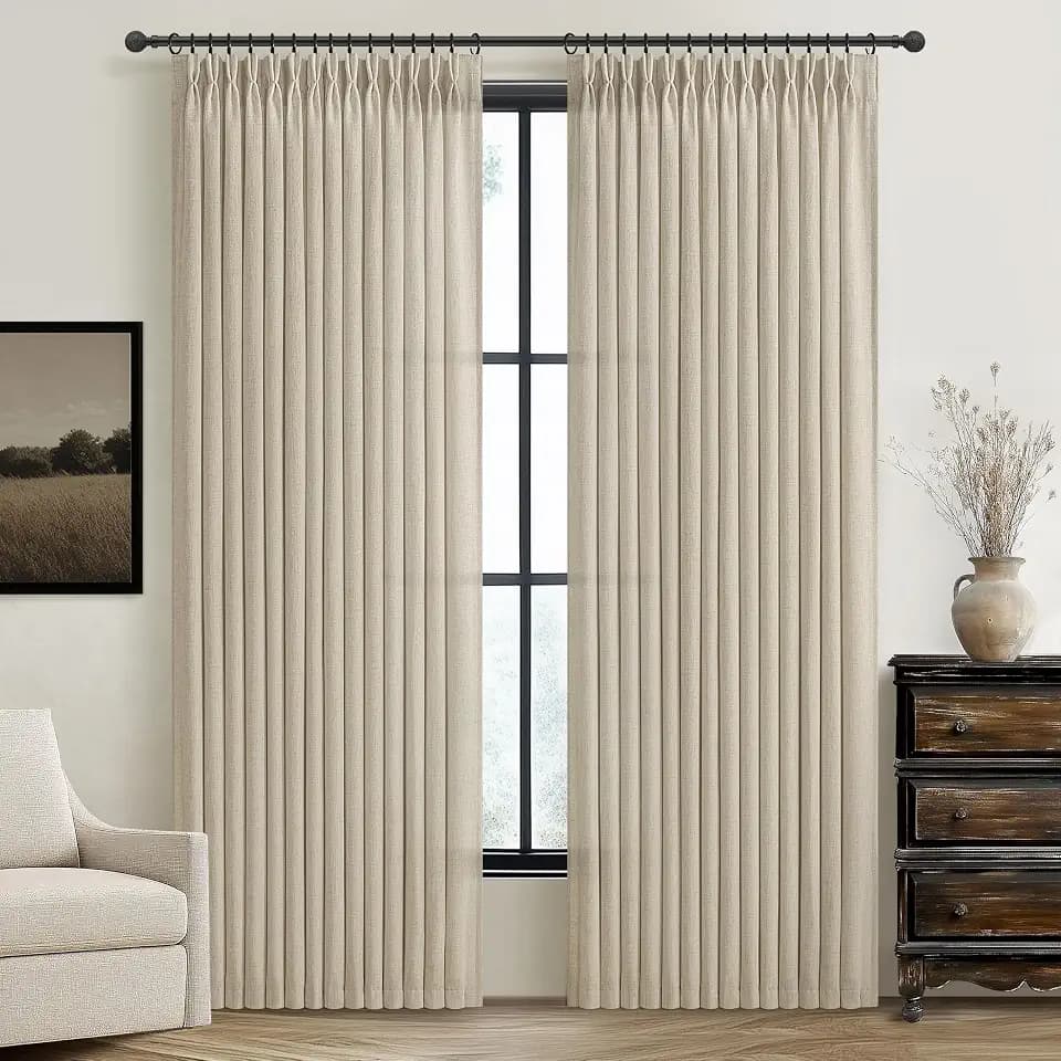 Warm Beige Flax Linen Memory Trained Pinch Pleated Sheer Curtains 90 Inches Long for Bedroom, Rustic Country Dark Taupe Light Filtering for Office Sunroom Large Window Drapes Thick Burlap 2 Panels Set
