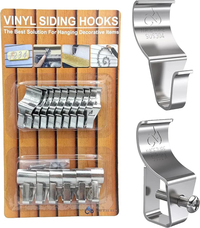 NACETURE Vinyl Siding Hooks & Screw Hooks, 16 Pack No-Drill Stainless Steel