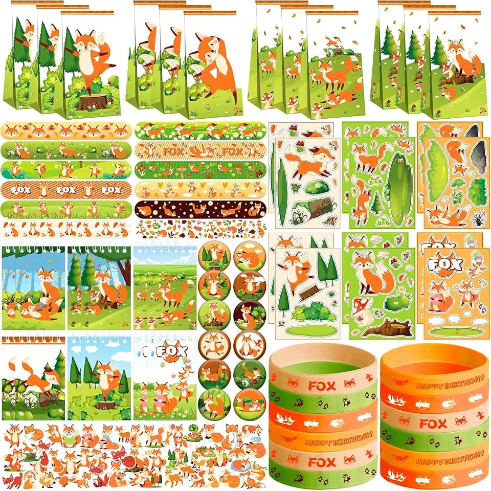 Fox Party Favors, Including Gift Bag, Stickers, Silicone Wristbands, Badge, Notebook, for Fox Themed Birthday Classroom Rewards Ideal Decor and Gifts for Girls and Boy