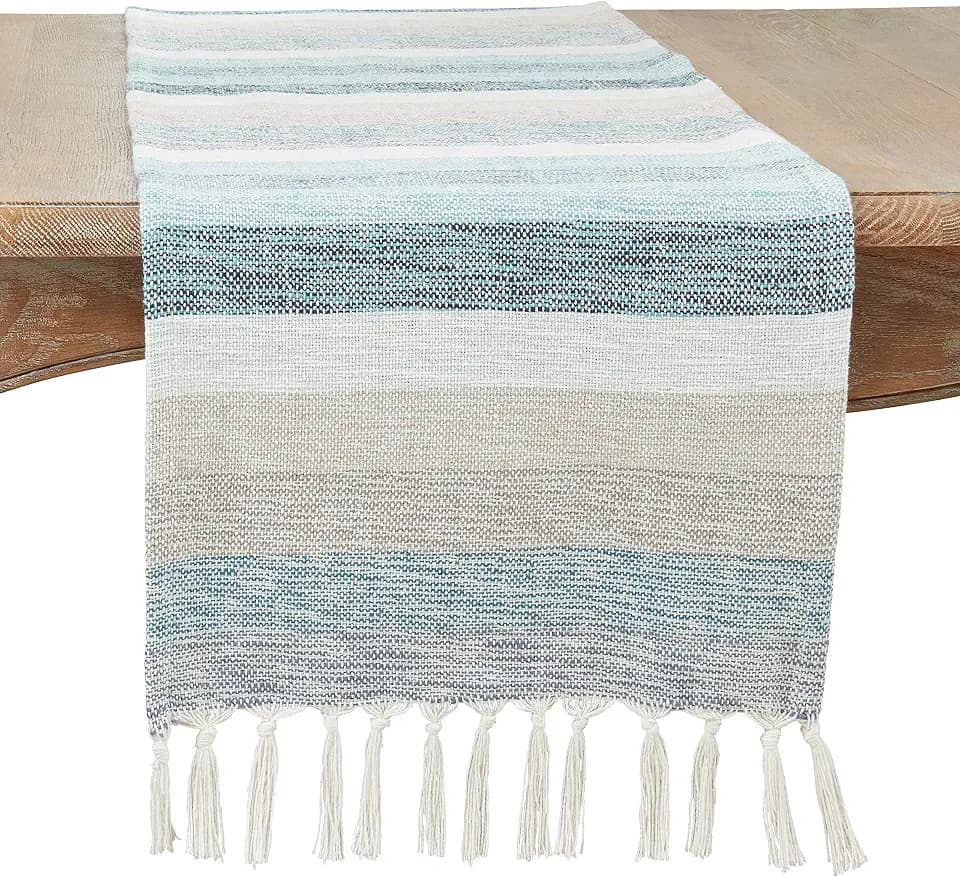 SARO LIFESTYLE Striped Table Runner with Fringe - Woven Cotton Blend Table Runner for Dining Table, Kitchen Table, Farmhouse and Rustic Home Décor