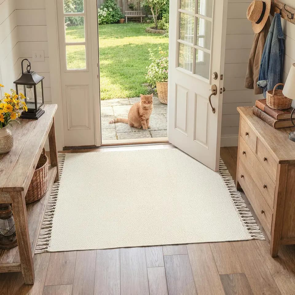 Collive Washable Area Rug 3' x 5', Modern Woven Kitchen Rugs, White/Beige Braided Rug Indoor Door Mat Throw Carpet for Entryway Living Room Nursery Mudroom Laundry Room