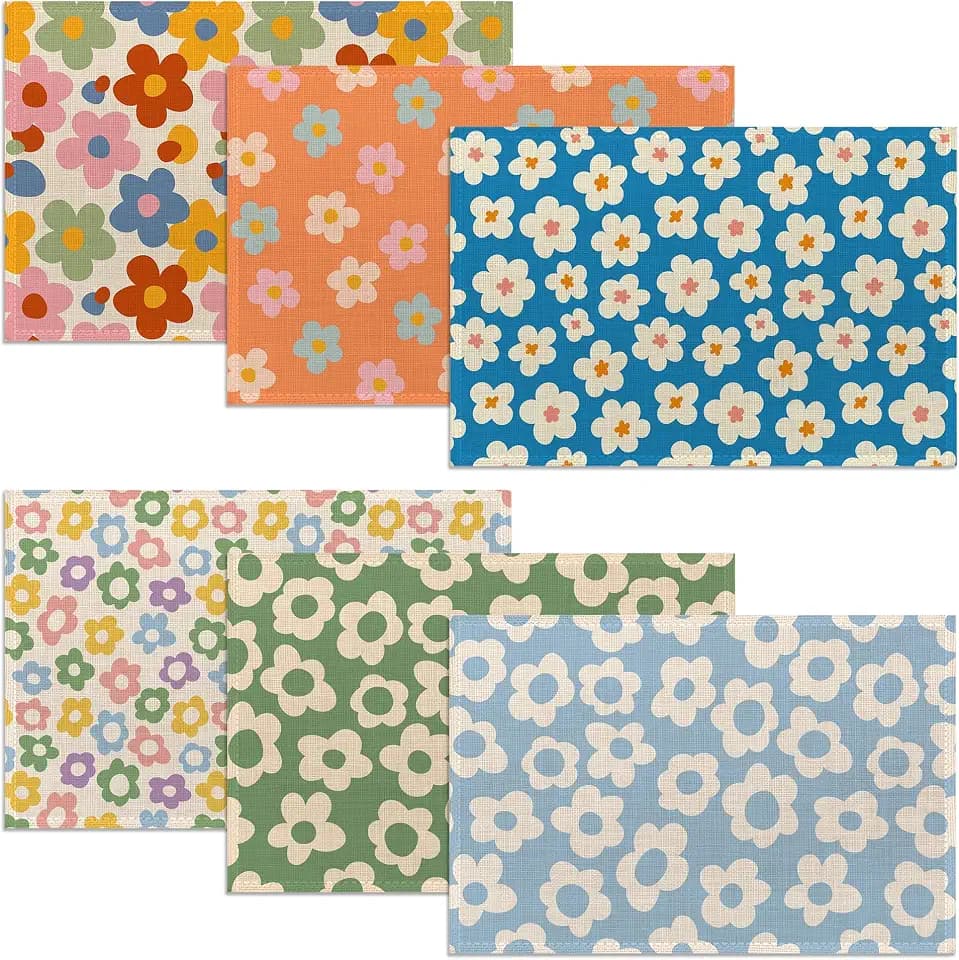 Vintage Groovy Flowers Placemats Set of 6, 12x18 Inch Waterproof Stain Resistant Linen Table Placemats Summer Seasonal Farmhouse Kitchen Party Decor Home Decor