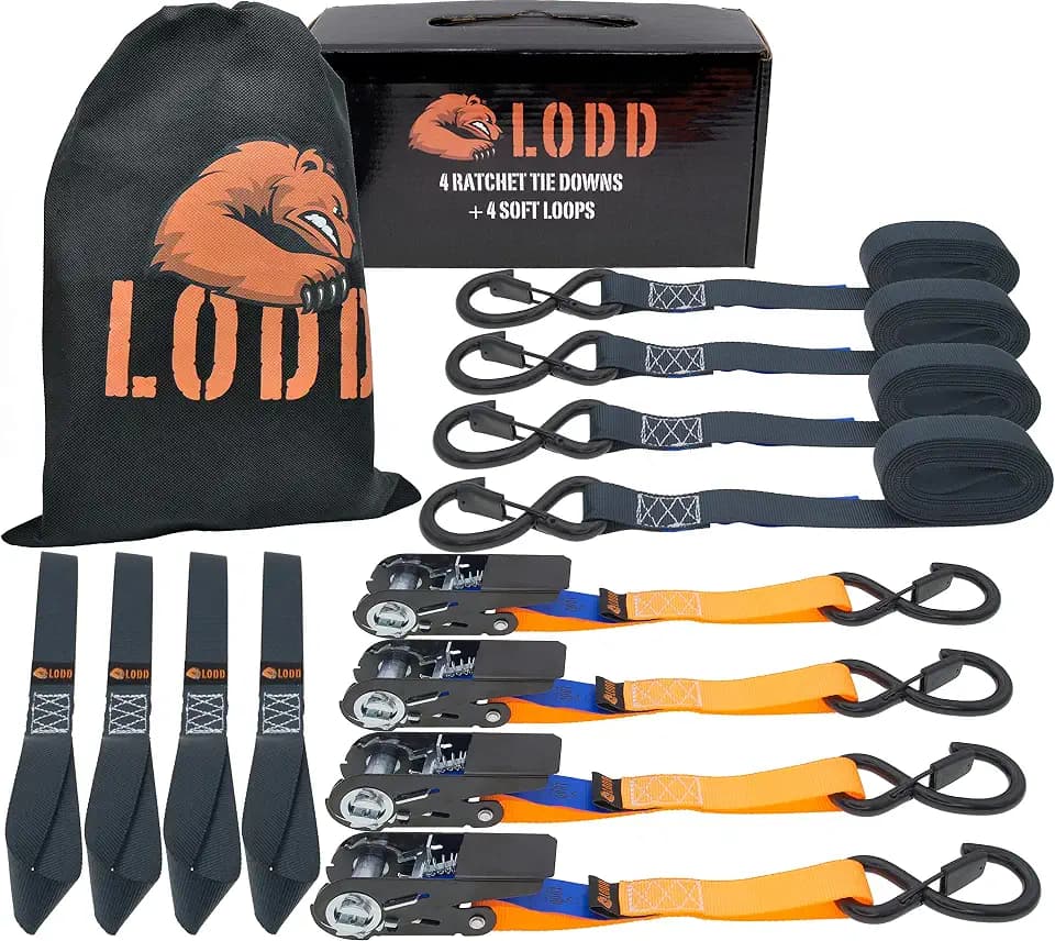 LODD – 4 Ratschen-Zurrgurte 4 m × 25 mm, 800 kg Belastbarkeit, gesicherte & kunststoffbeschichtete Haken + 4 Softschlaufen, EN 12195-2 konform, ideal für Gepäck, Möbel, Anhänger, Scooter & Fahrrad