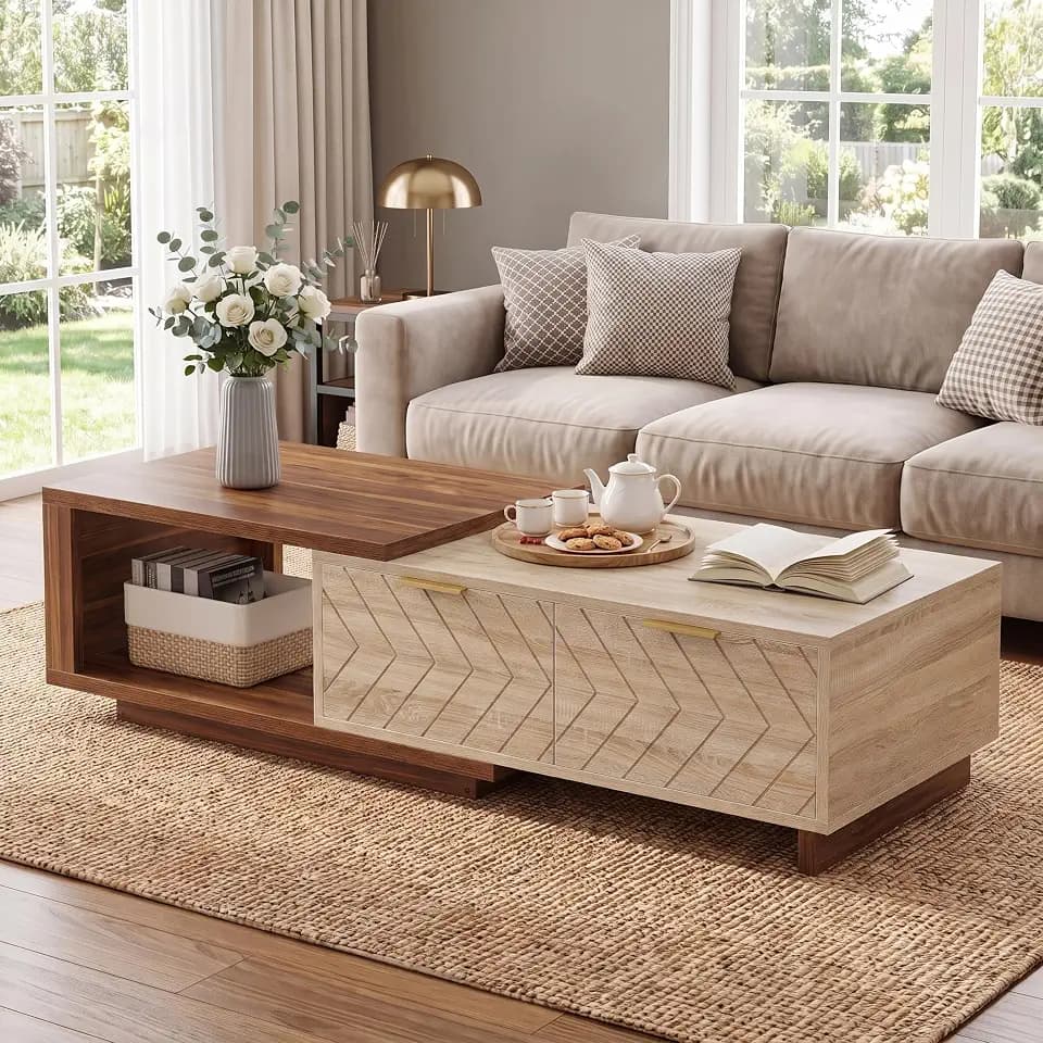 LITTLE TREE Expandable Coffee Table with 2 Drawers, Large Long Rectangular Center Table with Sliding Tabletop, Dual-Tone Cocktail Table with Hidden Storage for Living Room and Office, Walnut & Oak