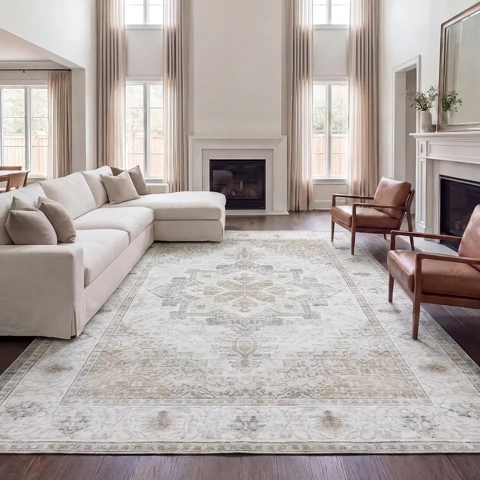 JONATHAN Y Ultra-Soft Machine-Washable Rug with Non-Skid Backing, Cream/Beige 4'x6' Eleanor Vintage Medallion Border, Non-Shedding, Velvet Luxury Feel for Living Room, Dining Room, Bedroom VOR100F-4