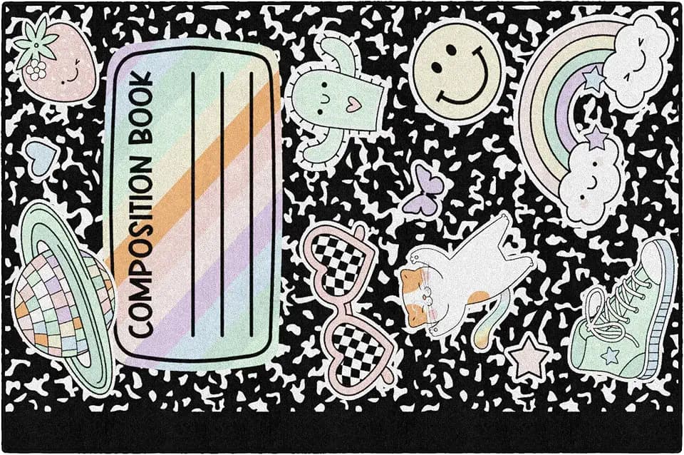 Flagship Carpets Composition Book with Stickers Children's Classroom Décor Area Rug for Schools, Durable and Fun for Learning Centers, Daycares and Preschools, 5' X 7'6"