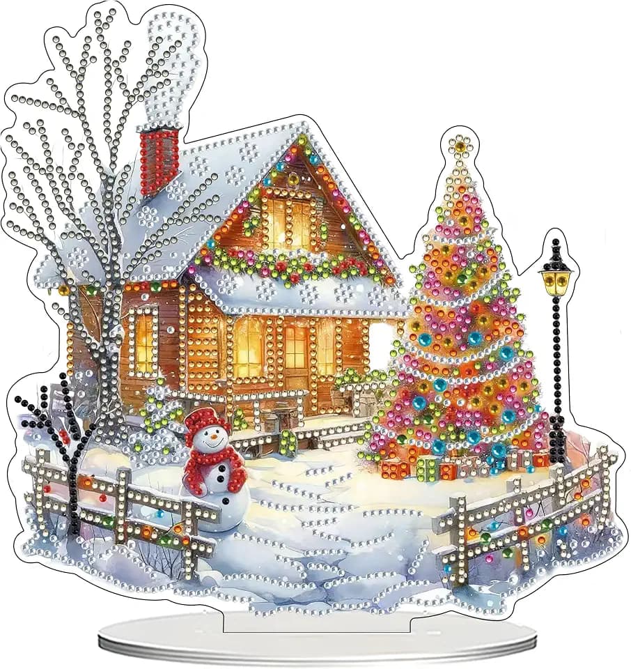 JJFox DIY 5D Tabletop Diamond Art Painting Kit, Desktop Ornament Special Shaped Rhinestone Desk Placement Ornament,Home Stand Up Gem Painting Craft Kit,Gift (Christmas House-2)