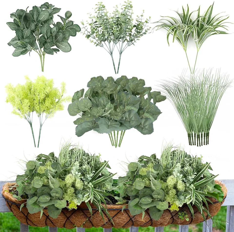 24Pcs Artificial Outdoor Plants UV Resistant Fake Plastic Greenery Boxwood Eucalyptus Spring Onion Grass for Outside Yard Front Porch Patio Window Box Planter Hanging Basket Decor (Grey Green)