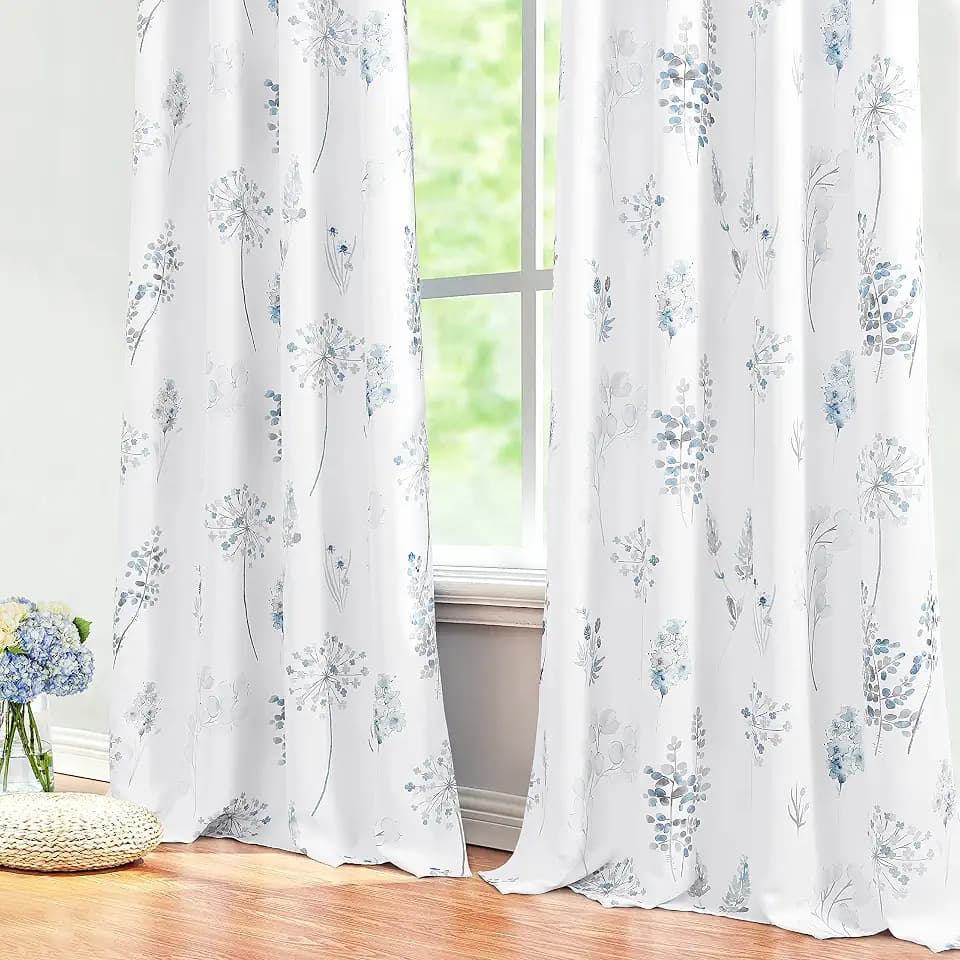 Coastal Blue and White Curtains for Bedroom 2 Panels Set, Cornflower Grey Watercolor Floral Patterned Print, Pretty Summer Beach Drapes for Living Room Grandma Core Grand Millenial Decor, 52"W by 84"L