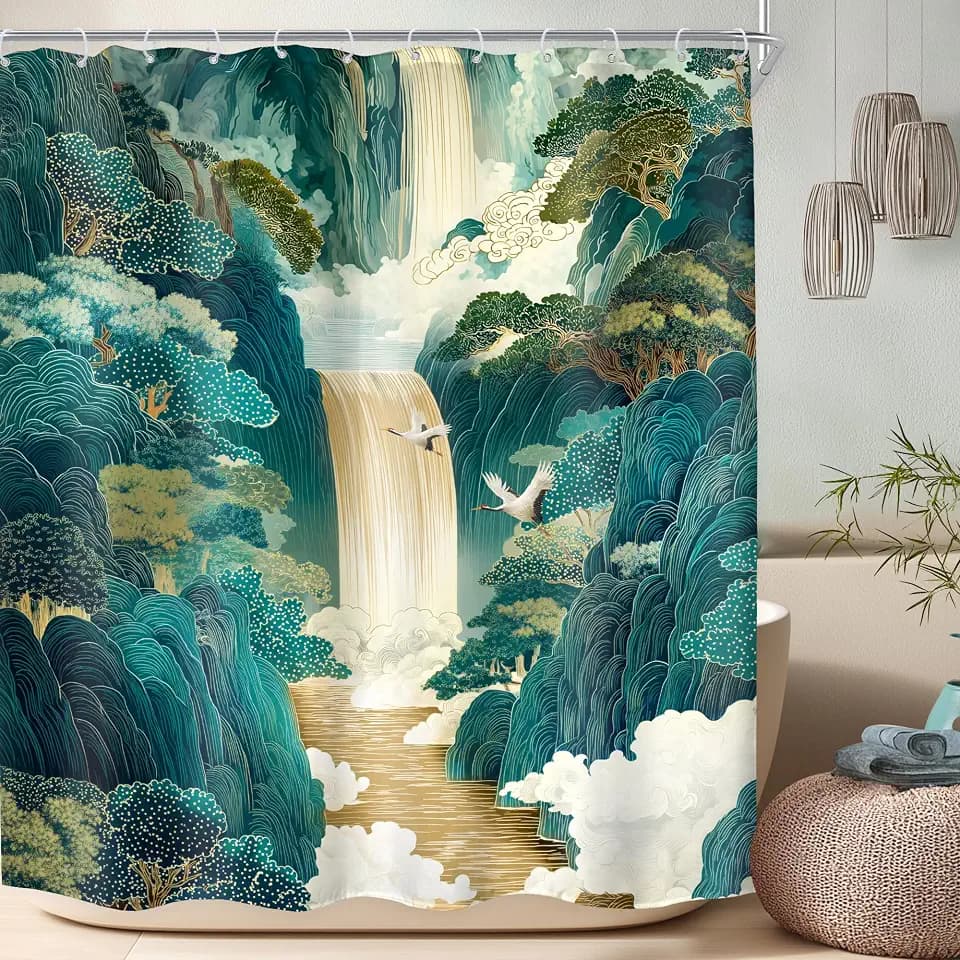 Japanese Waterfall Shower Curtain 60x72 Chinese Asian Bathroom Decor
