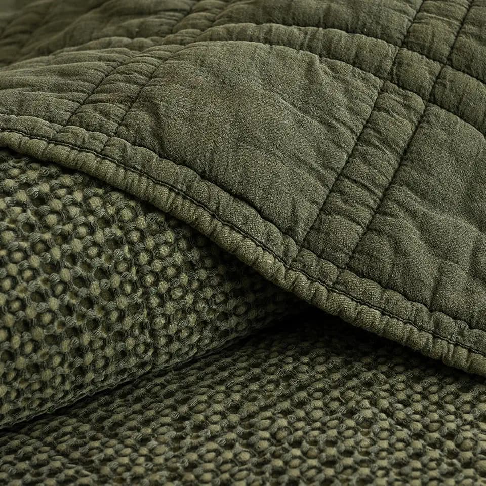 PHF Stone-Washed Waffle Quilt Set Queen Size (90"x90") - 100% Cotton Cover, 3PC Lightweight Diamond Quilted Bedspread with Polyester Fill, Soft Vintage Coverlet for Home Decor, Moss