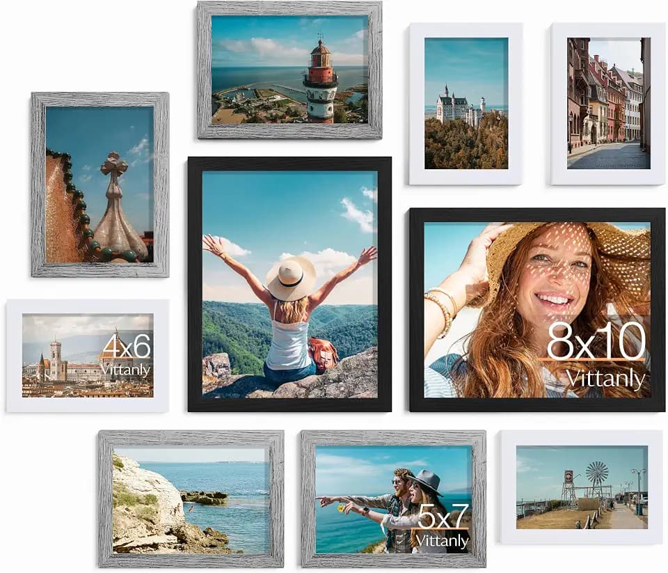 Vittanly 10 Pack Gallery Wall Frame Set, Black, Grey, White