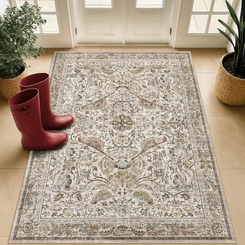 3x4 Large Entryway Rugs - Machine Washable Floral Area Rug for Bedside, Oriental Non-Slip Kitchen Floral Mats, Botanical Design Stain Resistant Carpet, Vintage Farmhouse Décor (Moss)