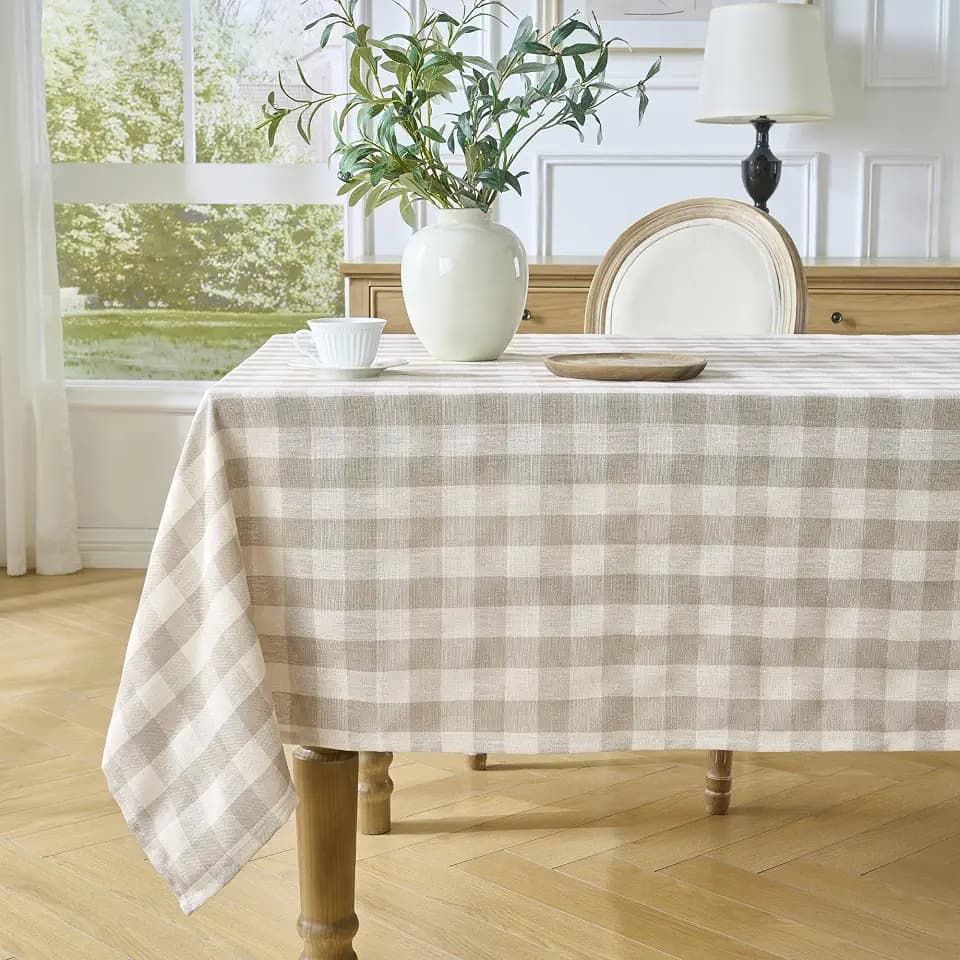 Beige Gingham Rectangle Tablecloth, 60 x 75 Inch, Checkered Table Cover