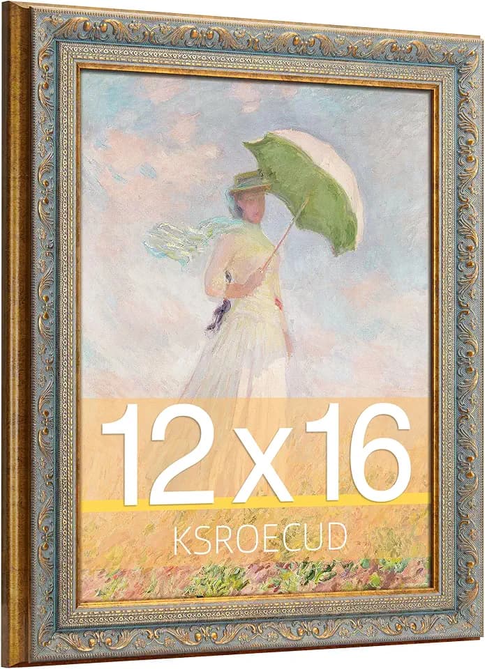 12x16 Picture Frame, HD Real Glass 12x16 Ornate Vintage Photo Frame, 12 by 16 Oil Painting Poster Frame with Gold Blue Border and Distressed Rust-Like Finish, Horizontal & Vertical Display for Tabletop or Wall Decor (1 Pack)