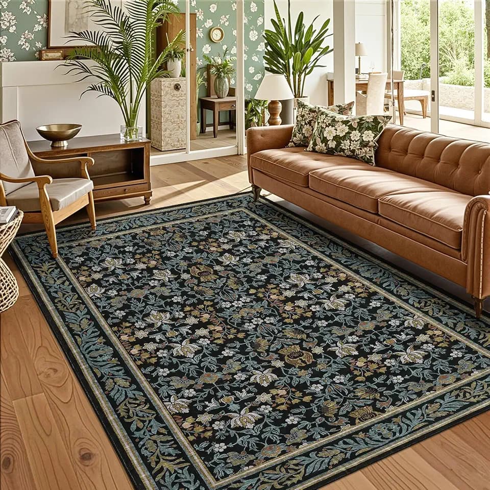 Garvee Floral 9x12 Living Room Bedroom Rugs, Washable Large Non-Slip Accent Dining Room Rug, Soft Low-Pile Farmhouse Decorative Rugs, Traditional Home Decor Rug for Nursery Home Office, Blue Black