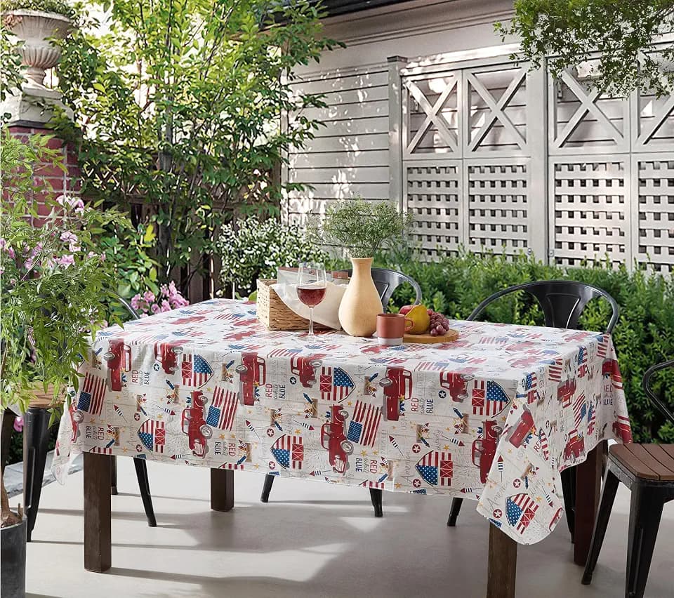 Newbridge Rectangle Vinyl Tablecloth with Flannel Backing, 60 x 102 Inch, Patriotic Truck, Indoor Outdoor Waterproof Vinyl Table Cloth, American Celebration Red Trucks and Flags