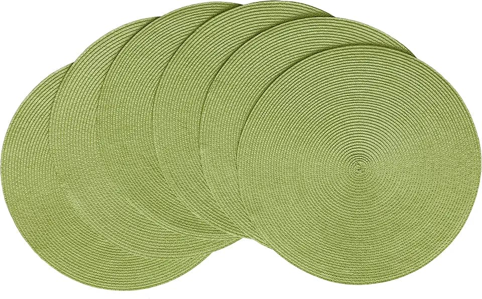 HODJOY Placemats Set of 6, Round Placemats for Dining Tables, Washable Woven Placemats for Christmas 15 inch (Pea Green)
