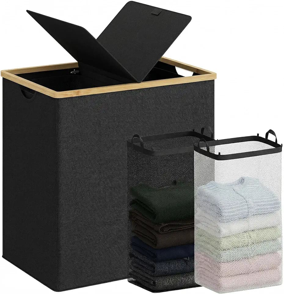 efluky Double Laundry Hamper with Lid and 2 Removable Bags, Black