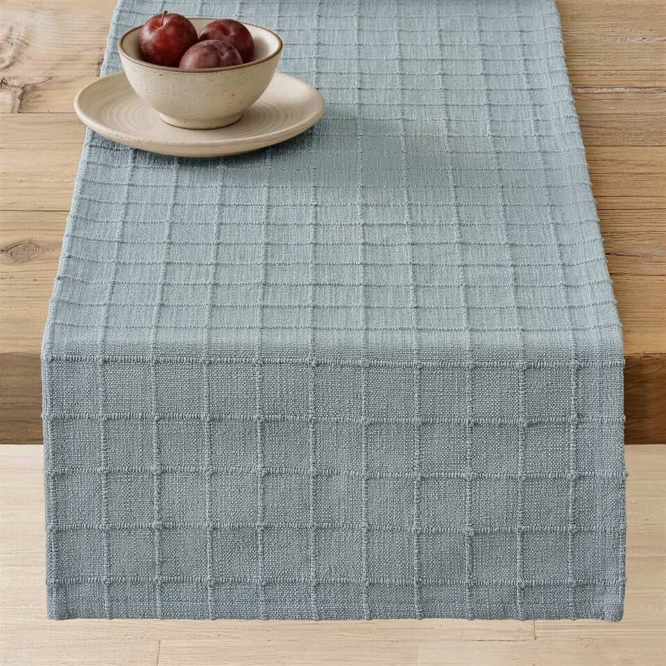 ZeeMart Artisanal Grid Linen Table Runner, 13x60 Inches Chambray