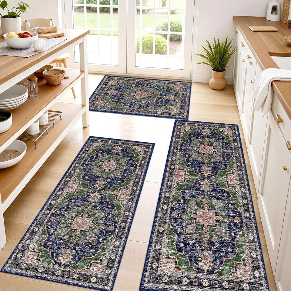 Upgrade Non Slip Kitchen Rugs 3 Piece Washable Kitchen Rugs,Navy Blue Green