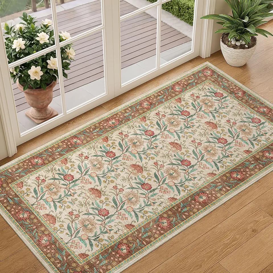 DUKINO 2x4 Rug, Washable Vintage Floral Entryway Rug Non Slip, Brown
