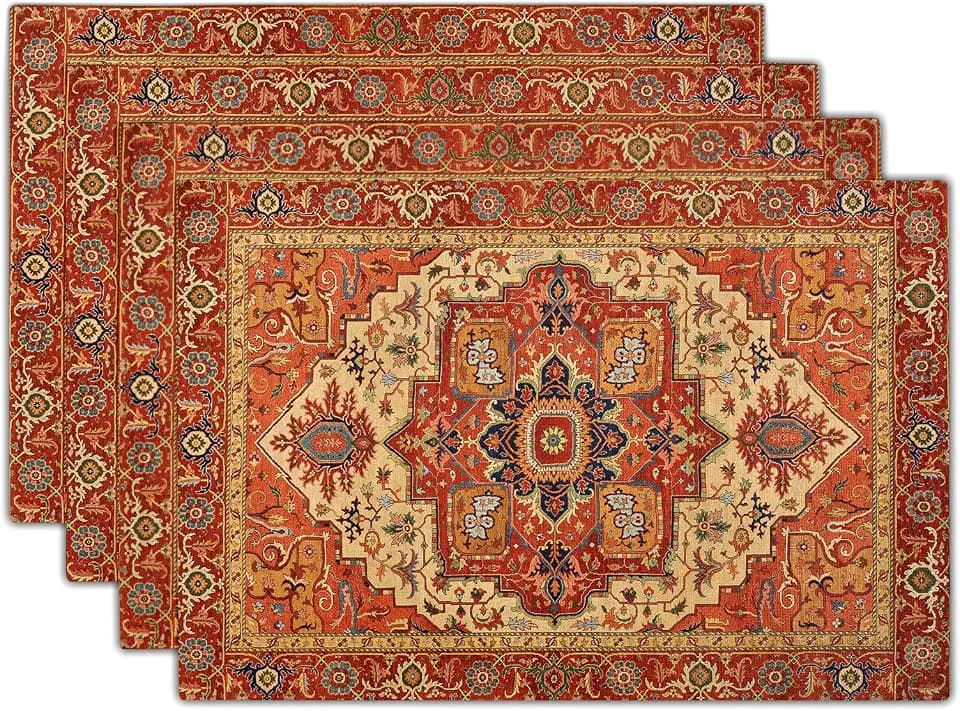 Giwawa Boho Ethnic Placemats Set of 4 Vintage Orange Brown Retro Flower Decorative Linen Table Place Mats 12"x18" Rustic Country Style Floral Place Mats Heat Resistance for Kitchen Dining Farmhouse