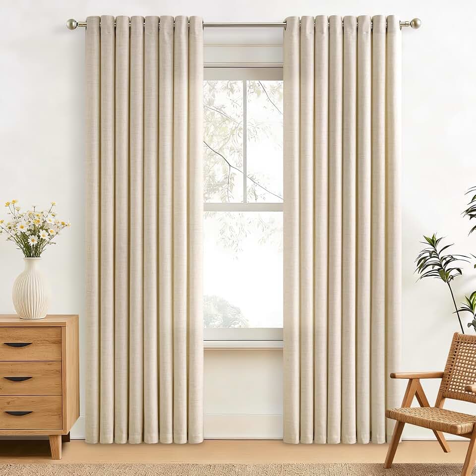 84 Inch Length Semi Sheer Beige Linen Curtains 2 Panels Set 52x84