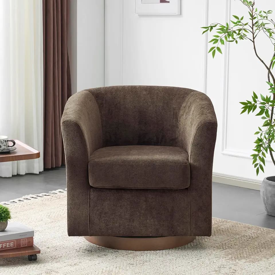 Christopher Knight Home Coles 360° Velvet Swivel Accent Chair, Living Room Barrel Swivel Chair with Iron Frame, Wooden Velvet Club Chair with Rotation, No Assembly Required, Dark Brown+Walnut