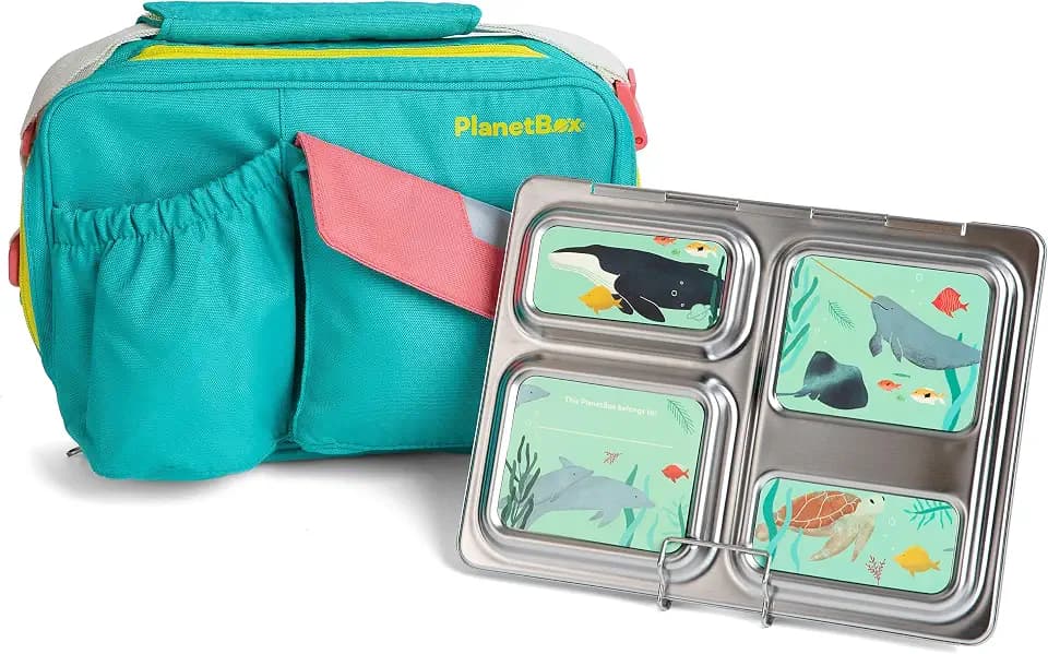 PlanetBox Rover Stainless Steel Bento Box Style Lunch Box Kit for Kids with 5 Compartments –Includes Insulated Lunch Bag, Leakproof Food Containers and Under the Sea Magnets