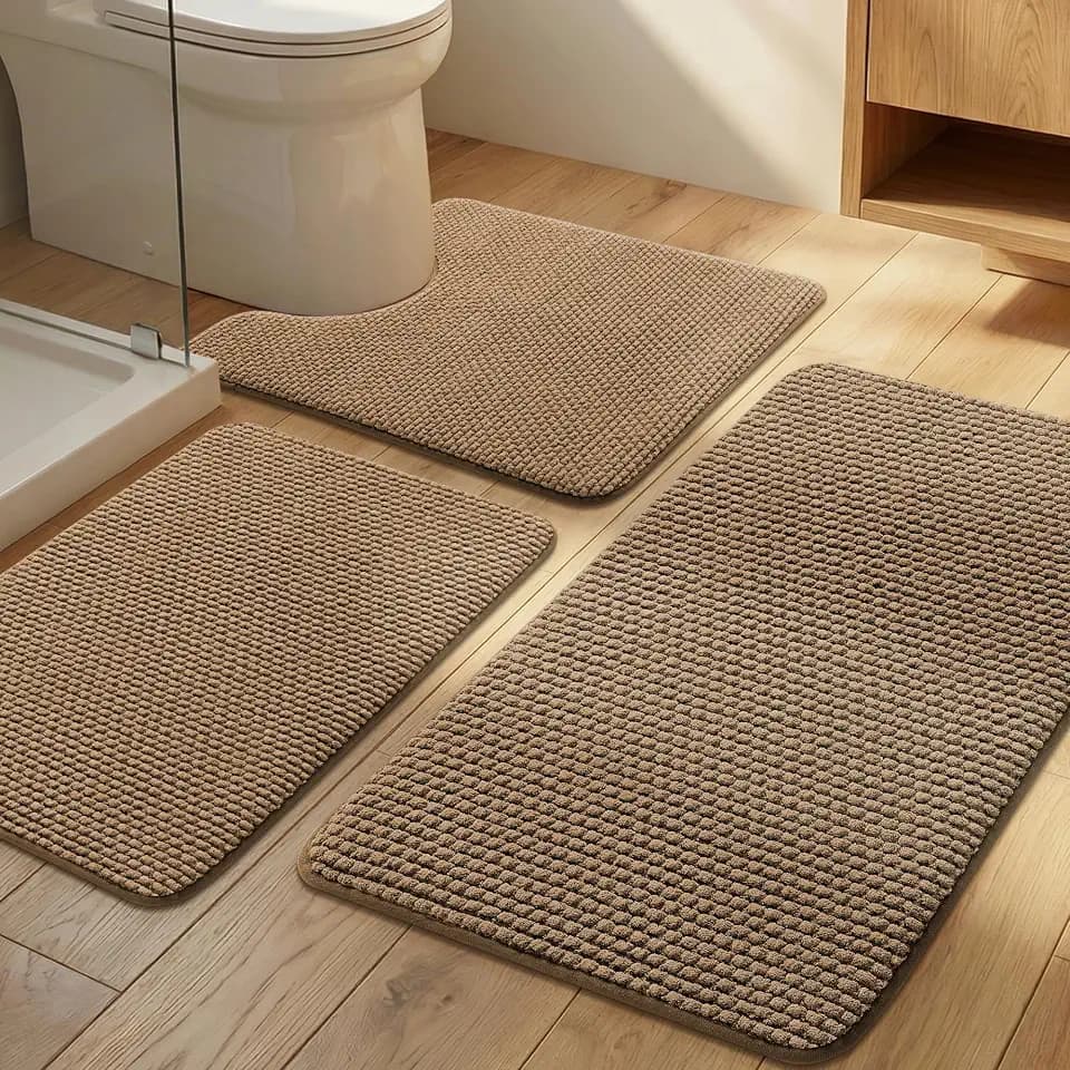 YIHOUSE Bathroom Rugs Set 3 Piece, Extra Soft Absorbent Chenille Bath Mats & U-Shaped Contour Toilet Rug, Non Slip Machine Washable Bath Mat for Shower Tub Sink, Brown