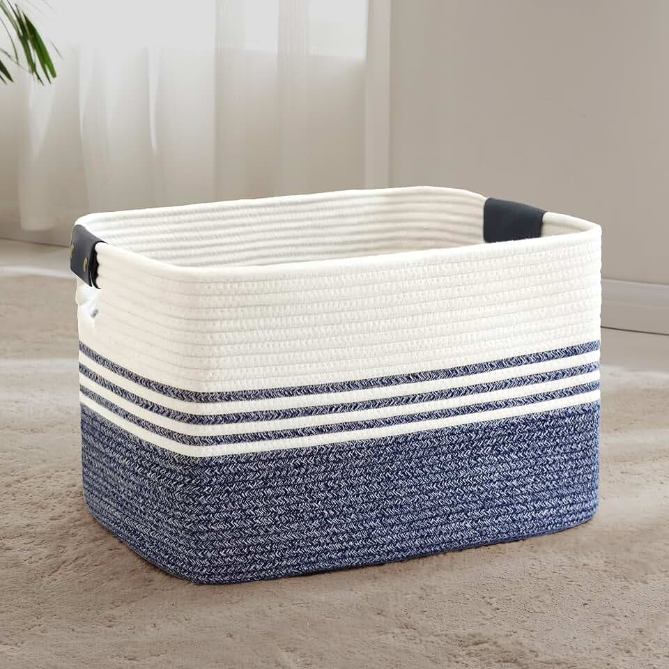 72L Woven Laundry Basket Hamper with Leather Handles,Denim Blue