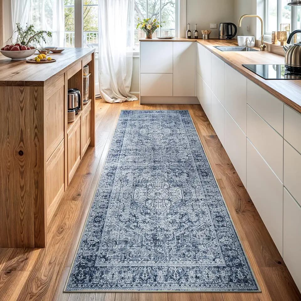 Bloom Rugs Washable Non-Slip 7 ft Runner - Ivory/Denim Blue Traditional Medallion Runner for Entryway, Hallway, Bathroom, and Kitchen - Exact Size: 2.5' x 7'