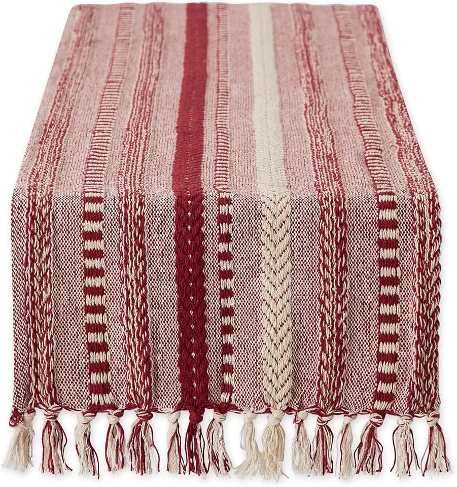 DII Braided Stripe Table Runner, 15x108 with 2.5" Fringe, Barn Red